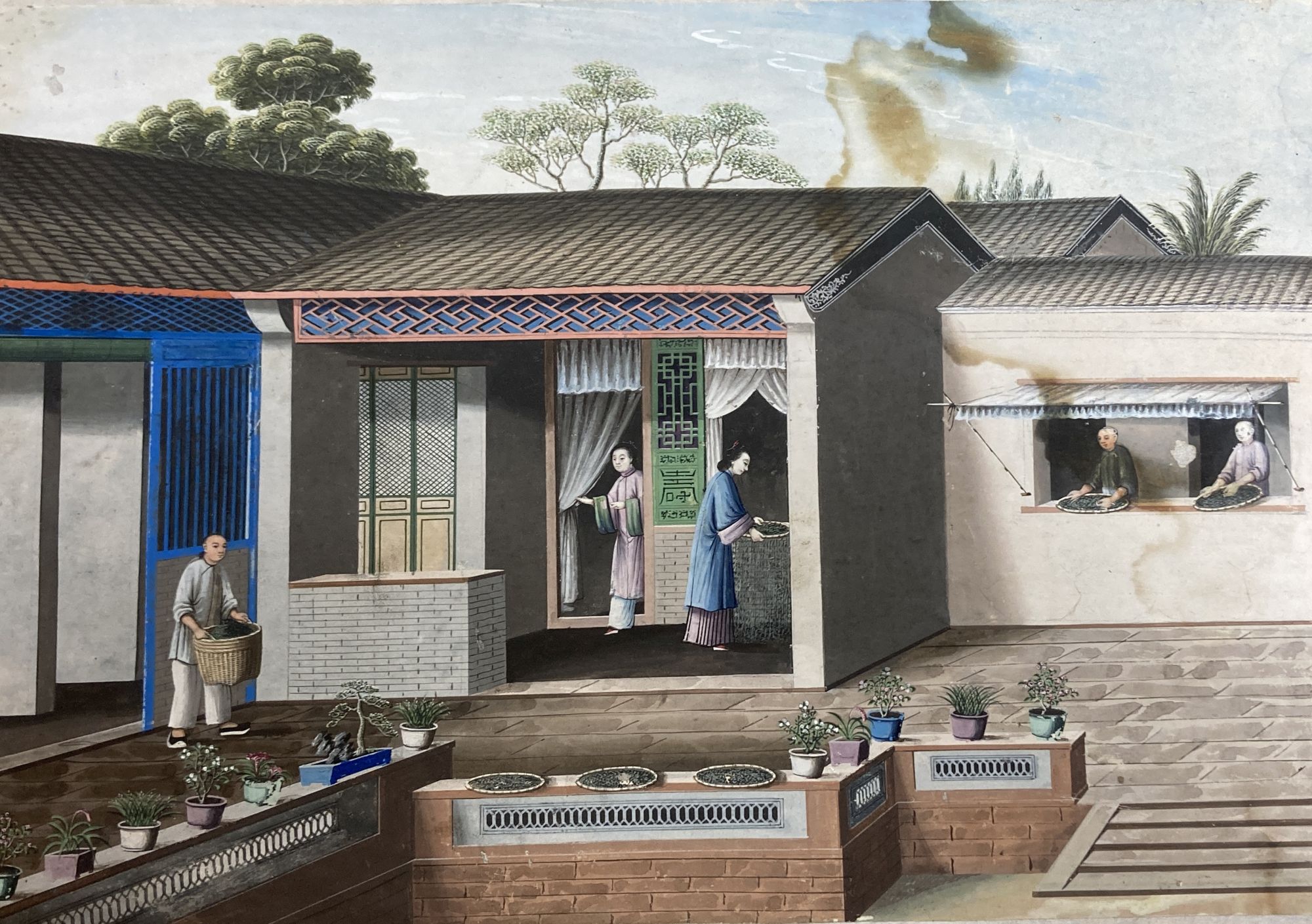 Chinese School c.1800, gouache on paper, Courtyard scene with figures preparing tea, 29 x 42cm, unframed